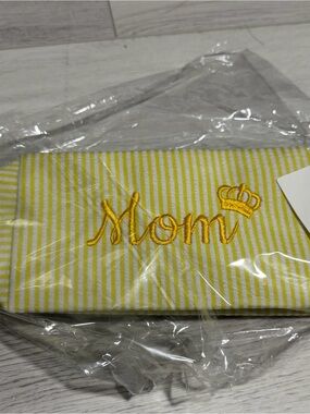 Yellow Striped 'Mom' Embroidered Cosmetic Pouch